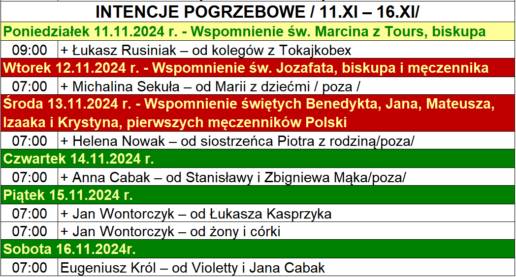 INTENCJE POGRZEBOWE / 11.XI – 16.XI/