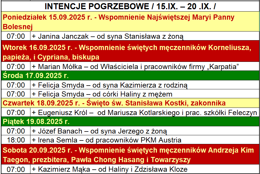  INTENCJE POGRZEBOWE / 15.IX. – 20 .IX. /