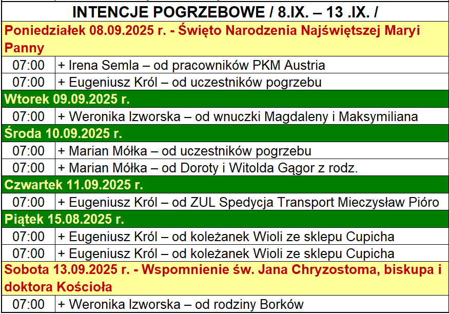 INTENCJE POGRZEBOWE / 8.IX. – 13 .IX. /