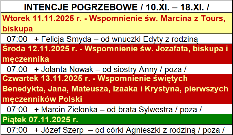  INTENCJE POGRZEBOWE / 10.XI. – 18.XI. /