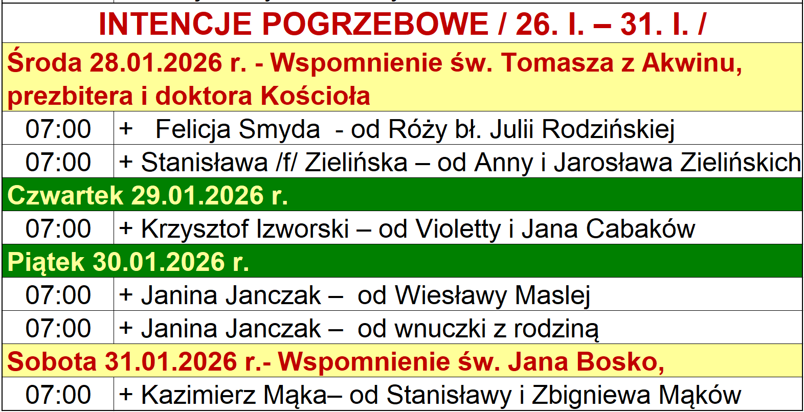 INTENCJE POGRZEBOWE / 26. I. – 31. I. /