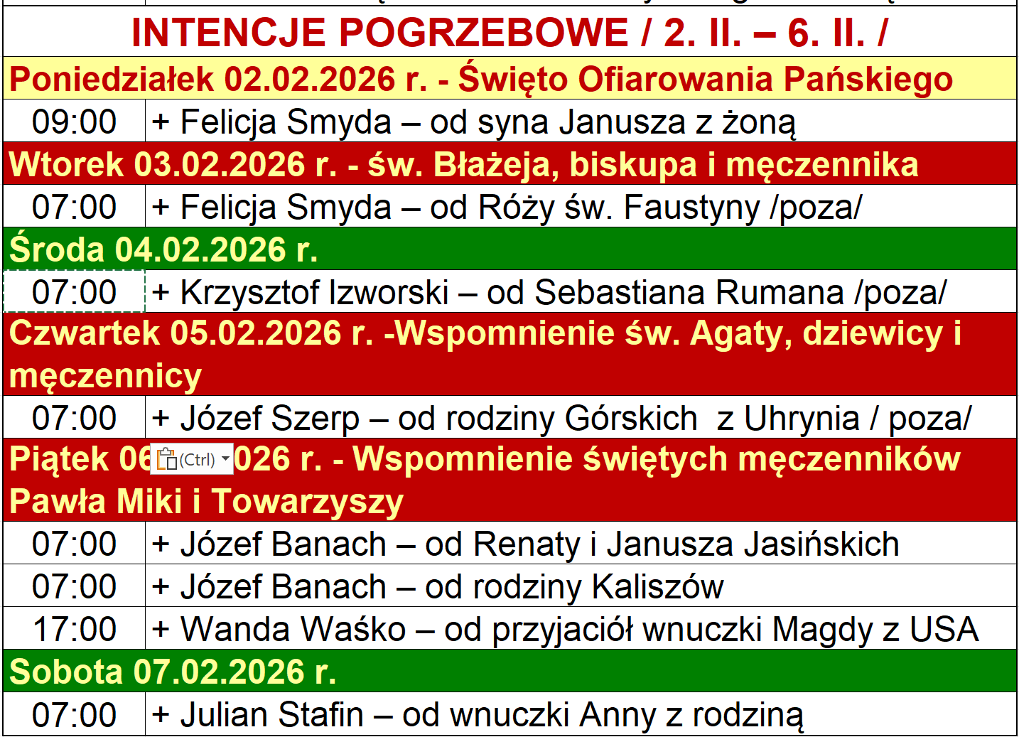 INTENCJE POGRZEBOWE / 2. II. – 6. II. /