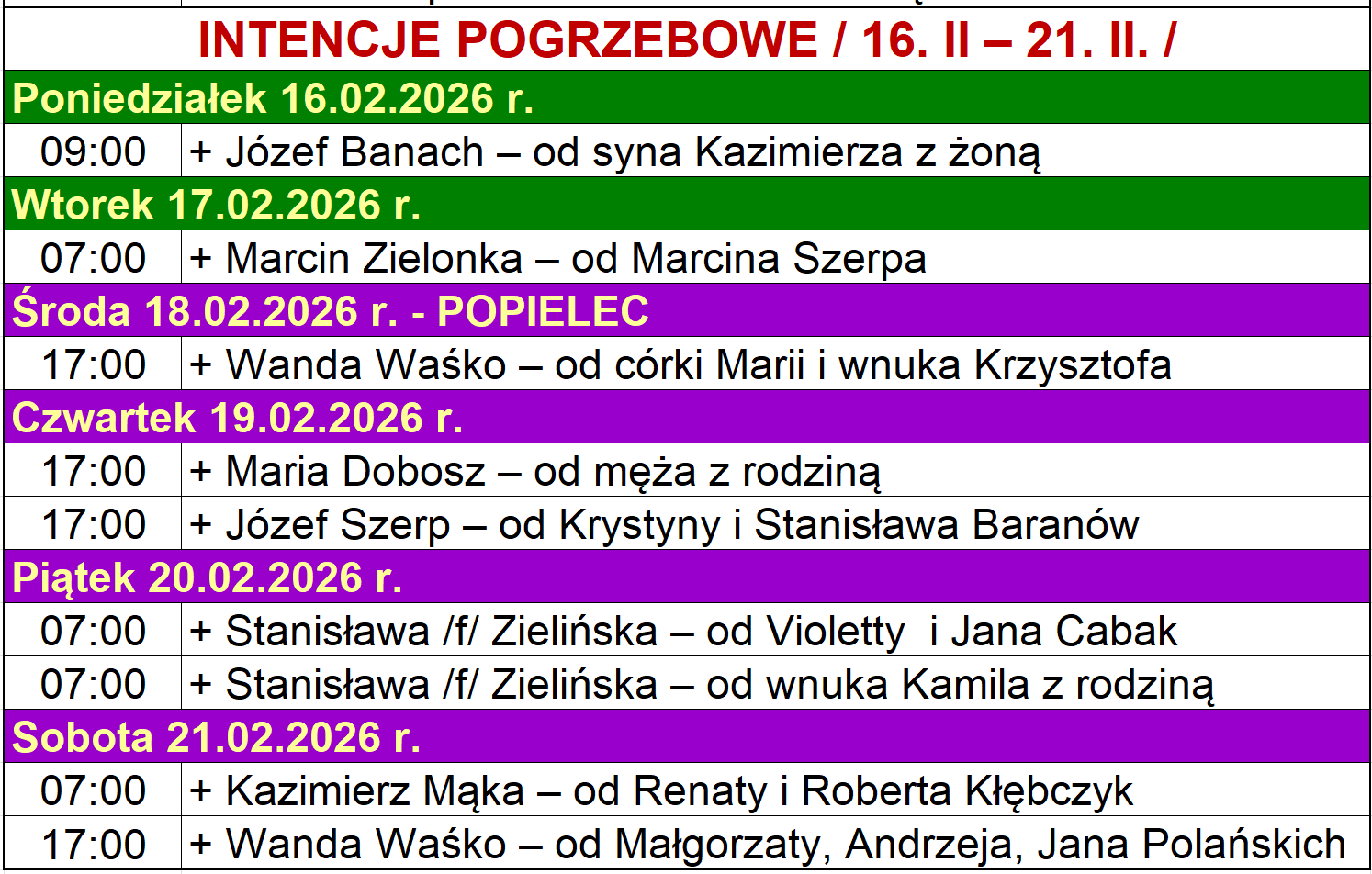 INTENCJE POGRZEBOWE / 16. II – 21. II. /