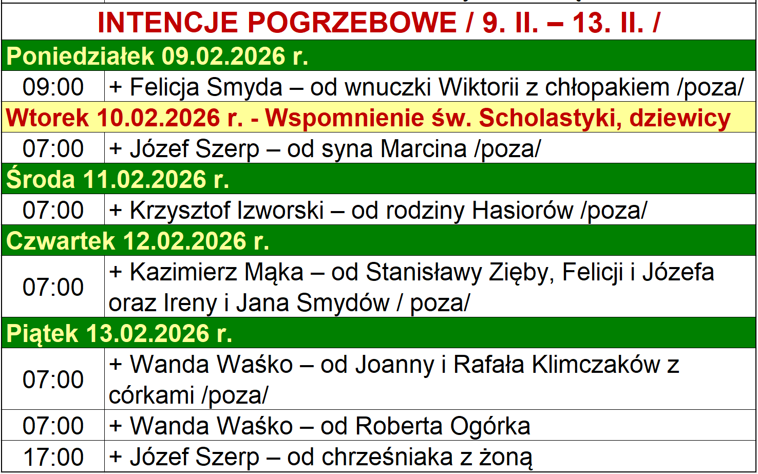 INTENCJE POGRZEBOWE / 9. II. – 13. II. /