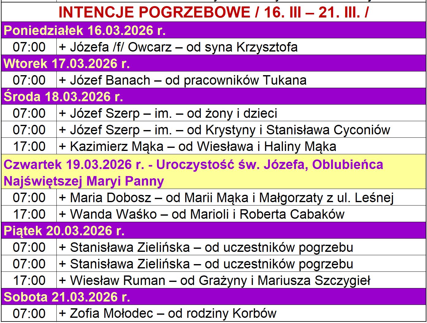 INTENCJE POGRZEBOWE / 16. III – 21. III. /