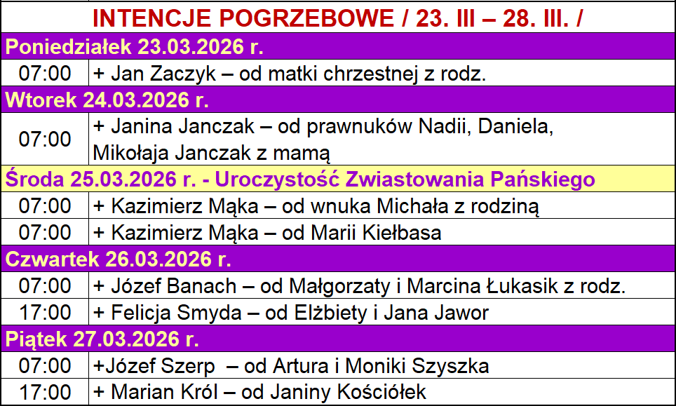 INTENCJE POGRZEBOWE / 23. III – 28. III. /