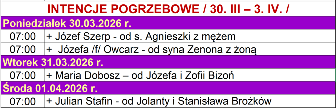 INTENCJE POGRZEBOWE / 30. III – 3. IV. /