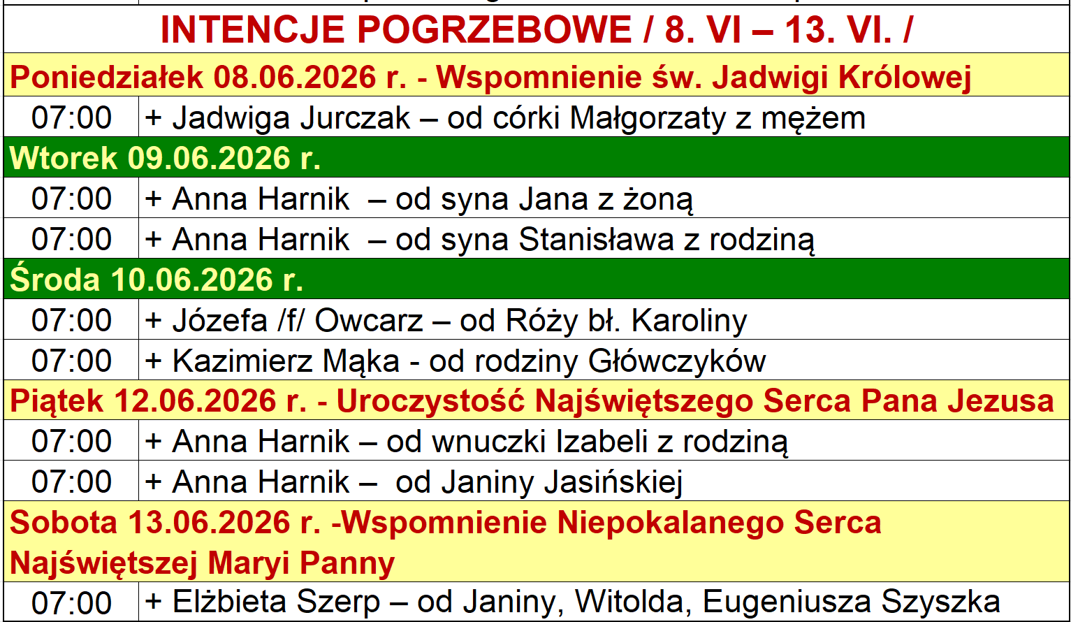 INTENCJE POGRZEBOWE / 8. VI – 13. VI. /