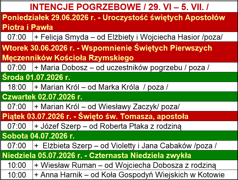 INTENCJE POGRZEBOWE / 29. VI – 5. VII. /