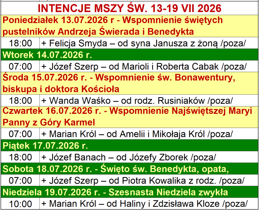 INTENCJE MSZY ŚW. 13-19 VII 2026