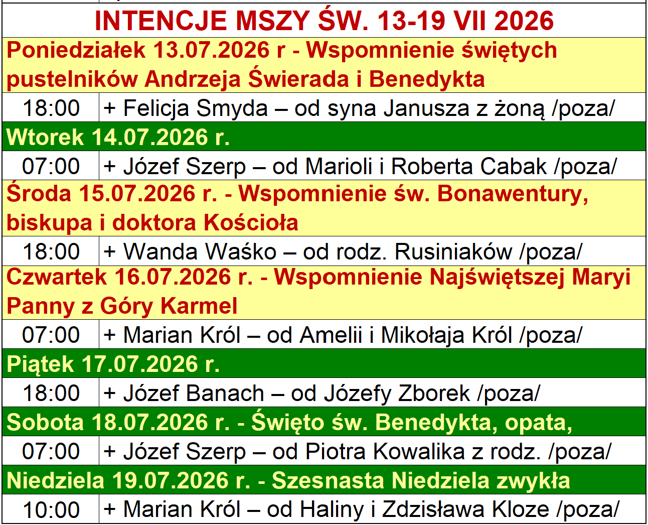 INTENCJE MSZY ŚW. 13-19 VII 2026