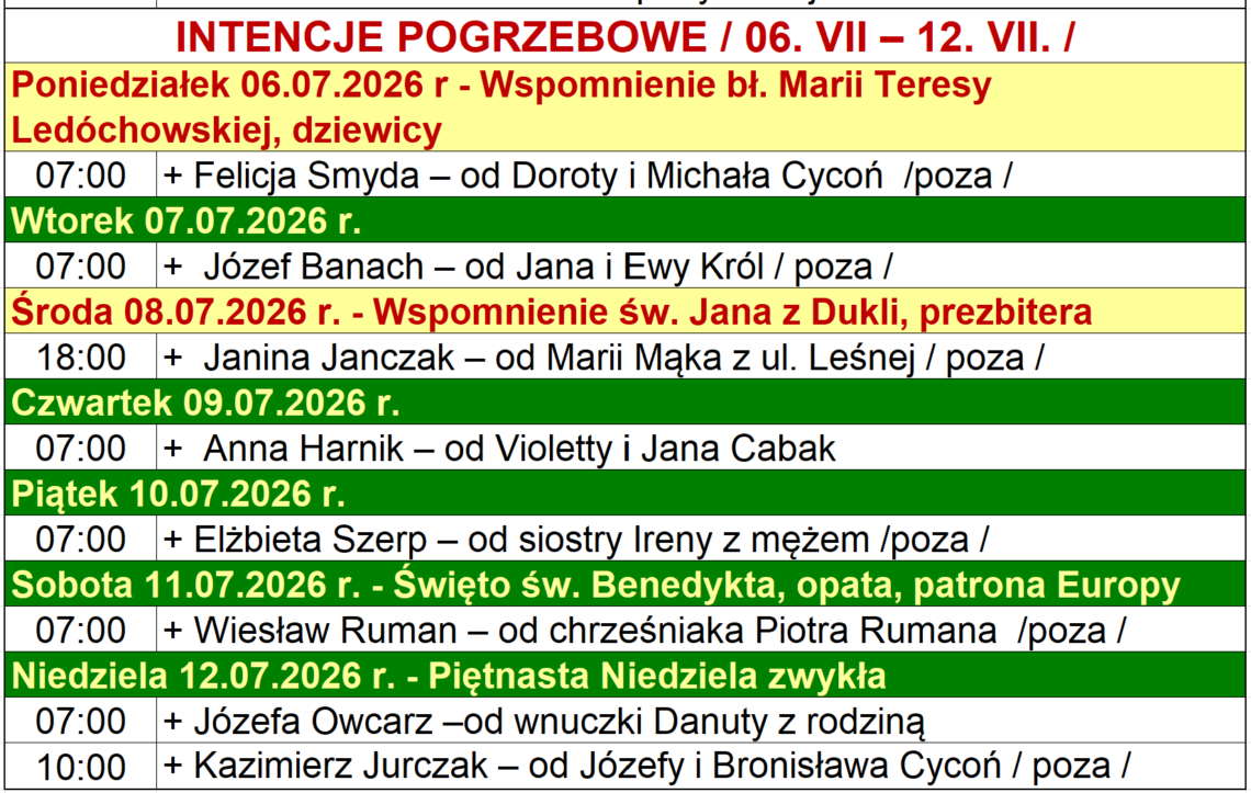 INTENCJE POGRZEBOWE / 06. VII – 12. VII. /