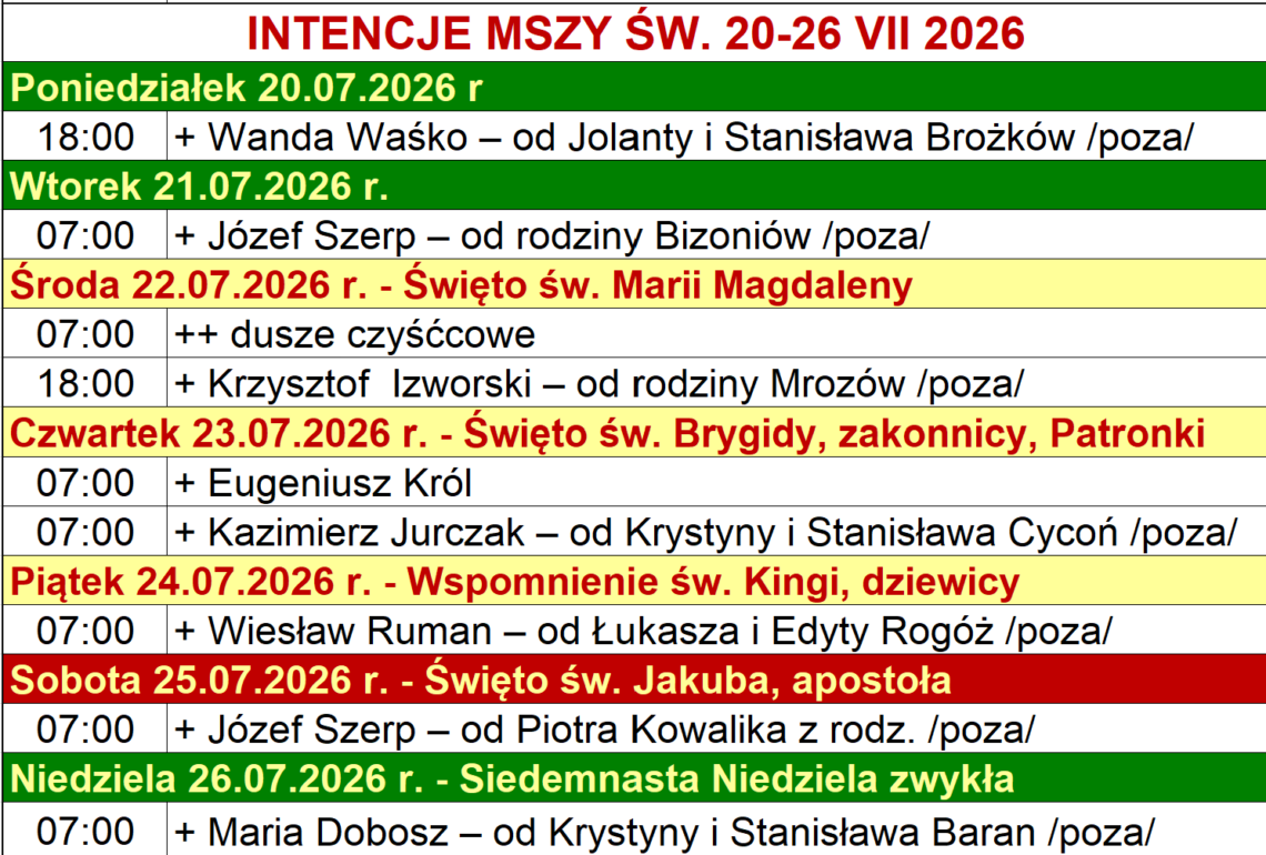 INTENCJE MSZY ŚW. 20-26 VII 2026