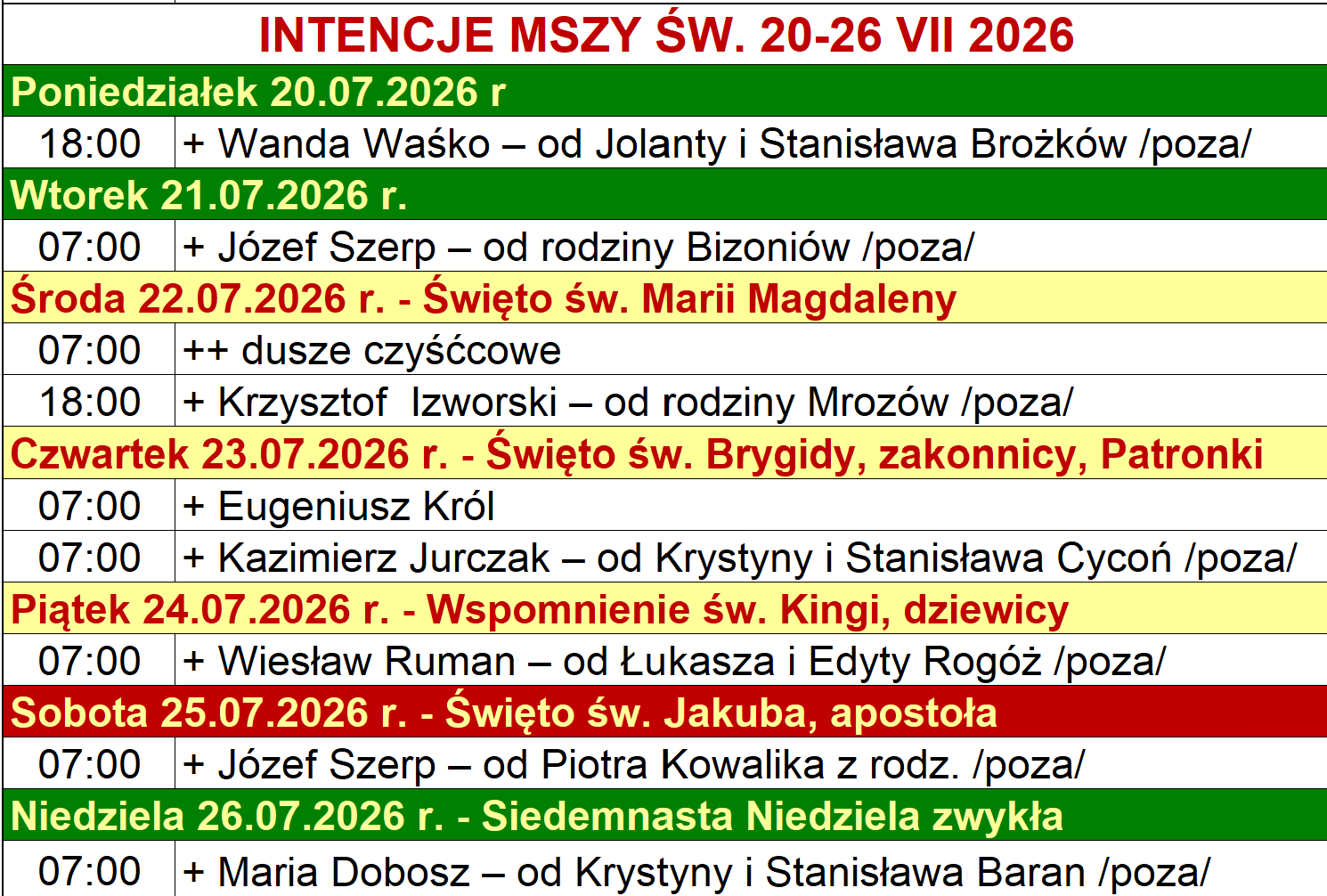 INTENCJE MSZY ŚW. 20-26 VII 2026