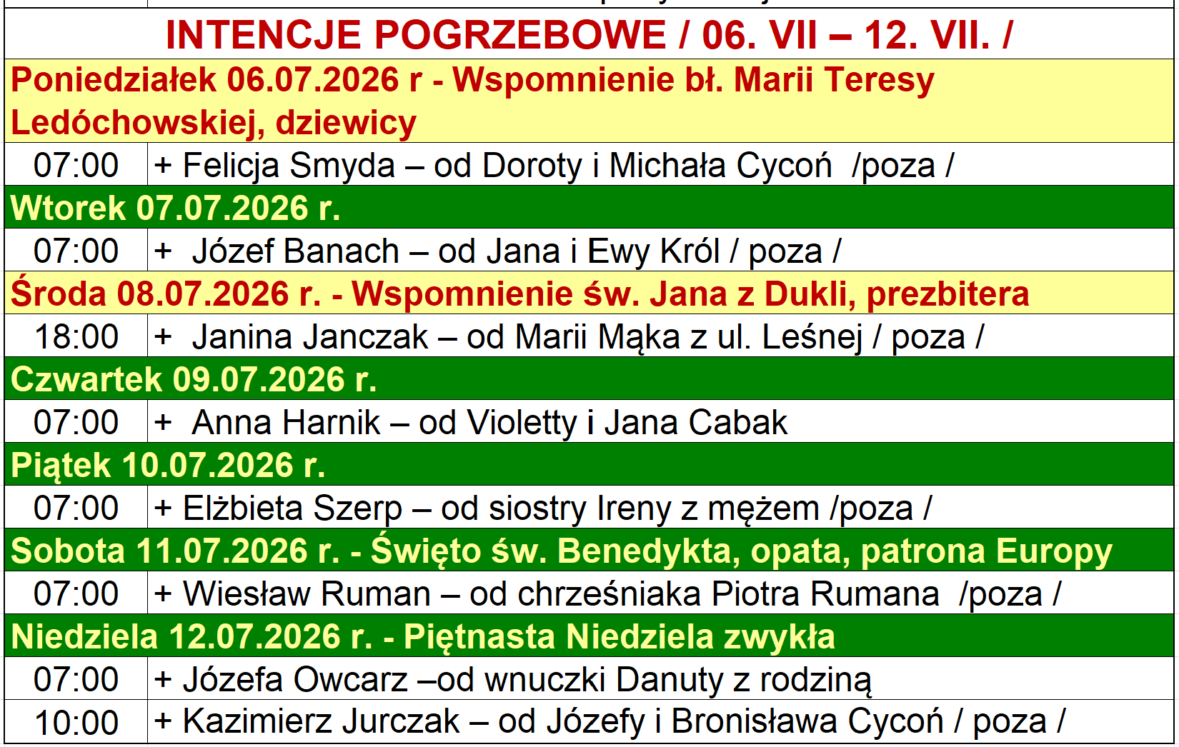 INTENCJE POGRZEBOWE / 06. VII – 12. VII. /