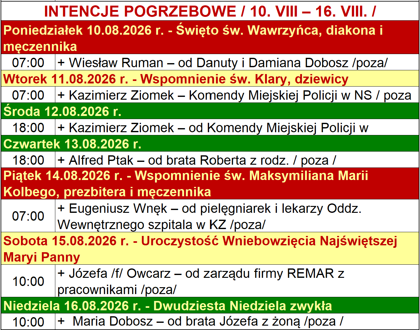 INTENCJE POGRZEBOWE / 10. VIII – 16. VIII. /