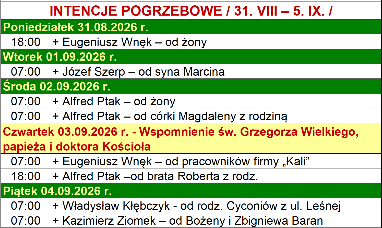  INTENCJE POGRZEBOWE / 31. VIII – 5. IX. /