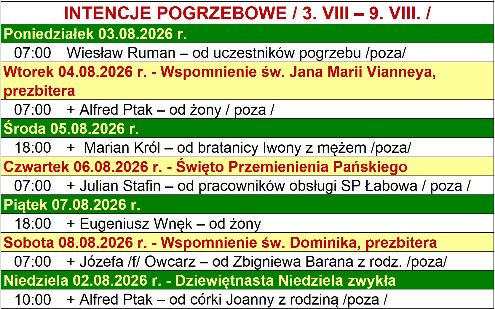 INTENCJE POGRZEBOWE / 3. VIII – 9. VIII. /