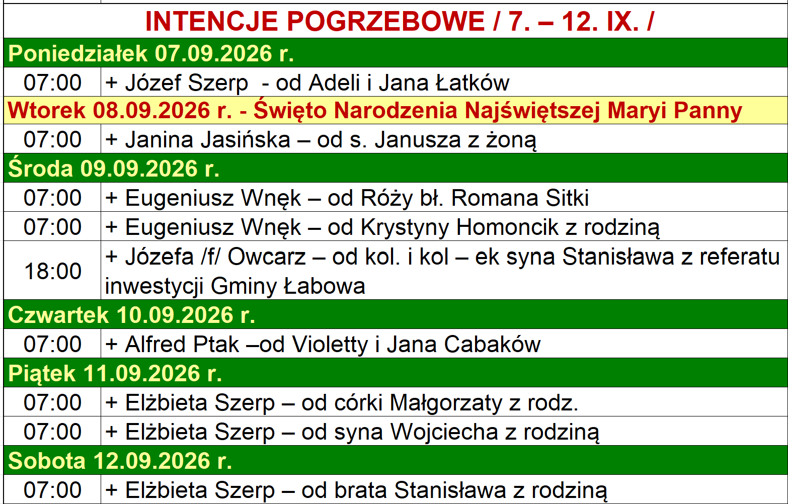 INTENCJE POGRZEBOWE / 7. – 12. IX. /