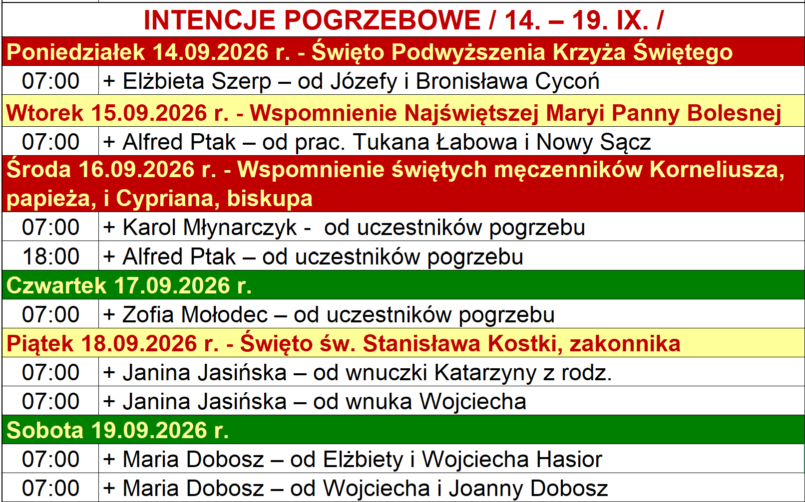 INTENCJE POGRZEBOWE / 14. – 19. IX. /