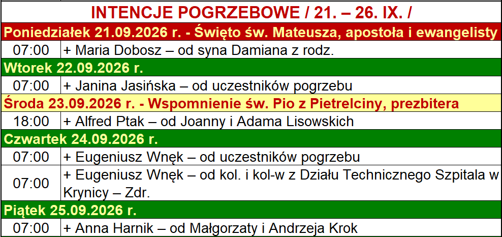 INTENCJE POGRZEBOWE / 21. – 26. IX. /