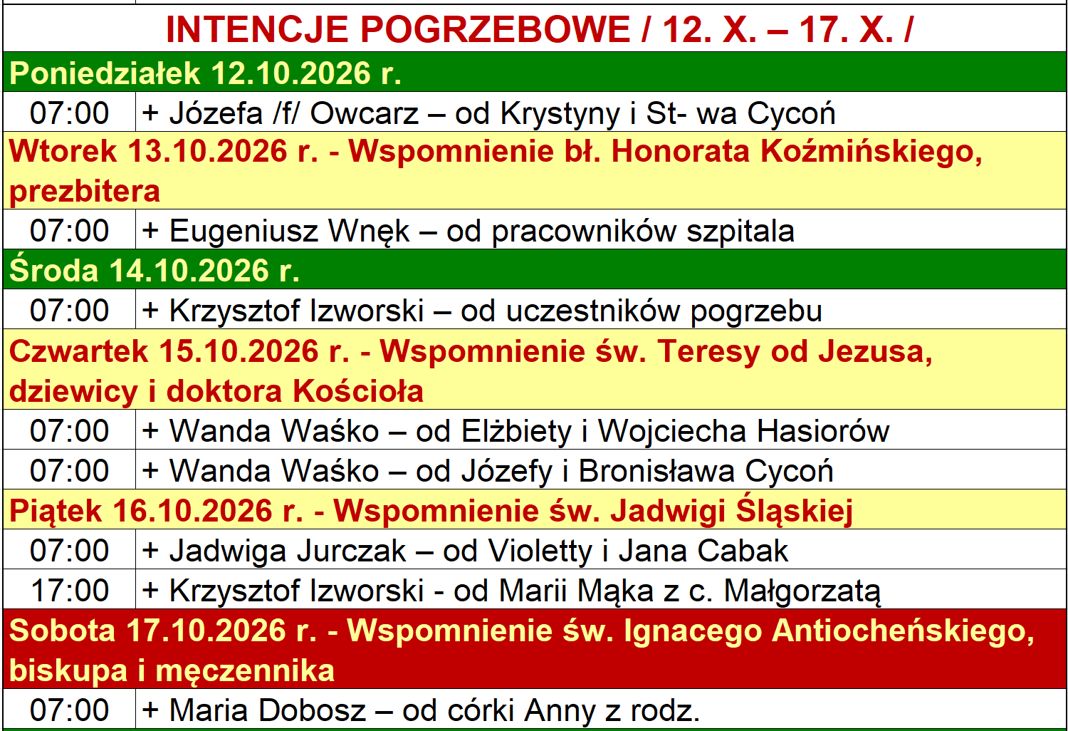 INTENCJE POGRZEBOWE / 12. X. – 17. X. /